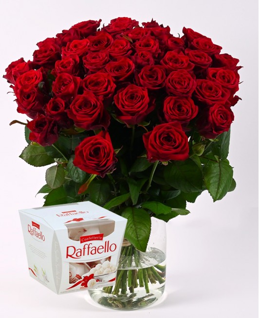 Raudonos rožės (15 vnt) ir Raffaello saldainiai